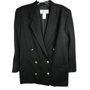 Genny Blazer Jacket Womens Sz 10 Black Double Breasted Suit Gold Buttons Classic